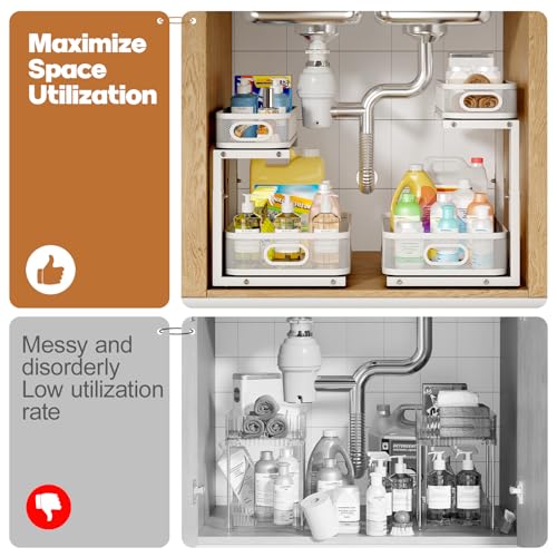 Image of 2 Pack Under Sink Organizer With Smooth Cylindrical Rail,2-Tier Pull Out Multi-Purpose Cabinet Storage for Bathroom&Kitchen,Height Adjustable,Rust-resistant Coating-White