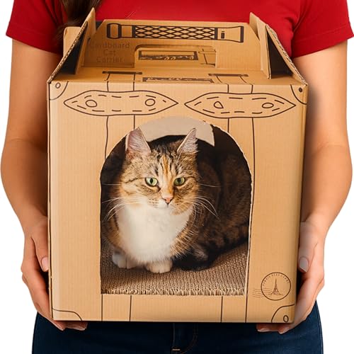 KEHAla Cardboard Cat Carrier for Adoption & Travel 3-in-1 Pet Carrier Scratcher and Hideout Eco-Friendly & Biodegradable Cat Scrach Box 15.7x13.6x13.6
