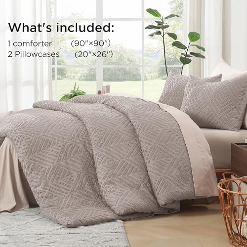 Image of Litanika Queen Comforter Set Rose Coffee, 3 Pieces Cream Tufted Boho Farmhouse Bedding Comforter Sets, Lightweight Fluffy Comforter Bed Set for All Season (90x90In Comforter and 2 Pillowcases)