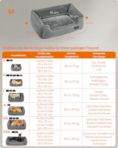 Feandrea Hundebett, Hundekissen in Leinenoptik, Hundekorb, erhöhte Ränder, rutschfeste Unterseite, Bezug abnehmbar waschbar, M, für kleine Hunde, 70 x 55 x 21 cm, hellgrau PGW10GG