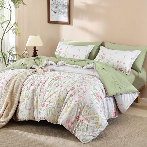 Yiran 7 Piece Sage Green Floral Comforter Set Queen Size Cute Botanical Comforters Cottagecore Flower Bed in a Bag Soft Complete Farmhouse Bedding Set with Sheets for All Season