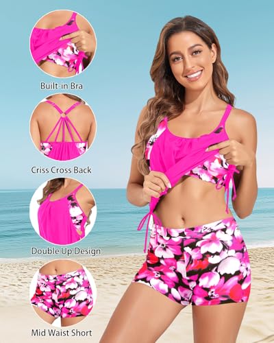 Image of Holipick Blouson Tankini Swimsuits for Women - Two Piece Tummy Control Bathing Suit with Shorts Modest Swimwear