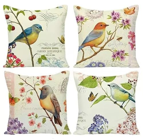 BAOKU Set di 4 federe per cuscini con motivo uccelli e fiori, decorazione per la casa per divano in lino quadrato esterno ufficio 45 x 45 cm