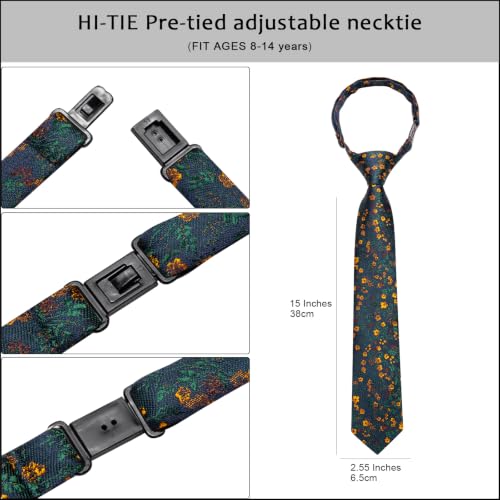 Image of Hi-Tie Boys Tie Pre-Tied Pocket Square Set Adjustable Kids Neckties Age 7-11 Years School UniForm Graduation