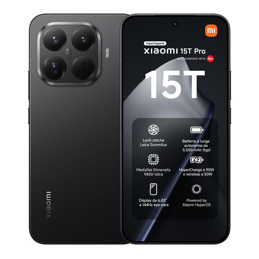 XIAOMI 15T Pro, Smartphone 12+512GB, Display Eye-care da 6,83" 144Hz, MediaTek Dimensity 9400+, Teleobiettivo Leica 5x Pro da 50MP, 5500mAh, Garanzia 2 Anni, Nero, Caricabatterie non incluso