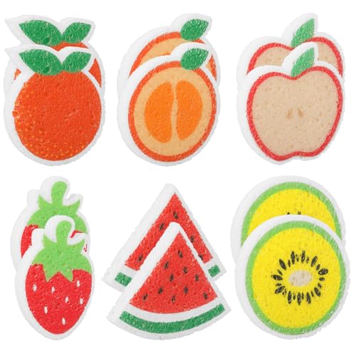 Image of JarThenaAMCS 12Pcs Fruit Shaped Kitchen Sponges 6 Design Cute Apples Orange Watermelon Strawberry Water Absorbing Dish Washing Sponges Non Scratch Household Cleaning Scrub Tools for Washing Dishes