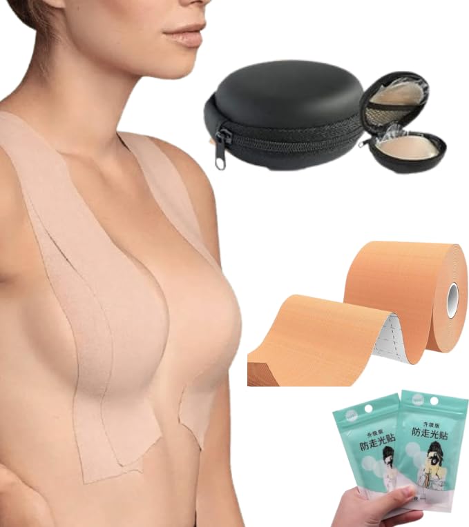 Boob Tape for Women, Multipurpose BodyTape, Breast Lift Tape for Strapless Dress with 1 Pair Reusable Nipple Cover & 36 Strips Double Sided Tape for Clothes Beige