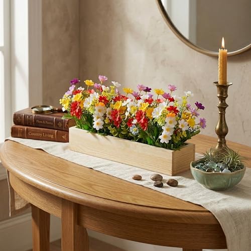 Image of Dekorly Artificial Multi Colour Daisy Flower Arrangement with Wooden Planter (24 CM) | Premium Realistic Floral Decor for Table & Living Room | Stylish Indoor Decor for Living Room
