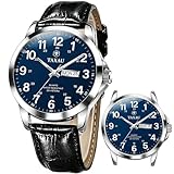 Taxau Watches for Men Analog Classic Designer Blue Large Face Men Watch Luxury Fashion Dress Black Leather Band Waterproof Men's Wrist Watches Simple Minimalist Easy Read Watch Reloj para Hombre