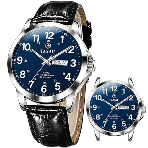 Taxau Watches for Men Analog Classic Designer Blue Large Face Men Watch Luxury Fashion Dress Black Leather Band Waterproof Men's Wrist Watches Simple Minimalist Easy Read Watch Reloj para Hombre