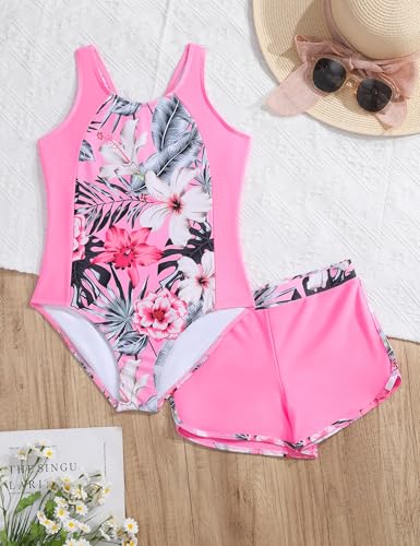 Image of Girls One Piece Swimsuits 2 Piece Girl Bathing Suit with Tropical Print Cover Up Shorts Teen Kids Swimwear 5-13Y