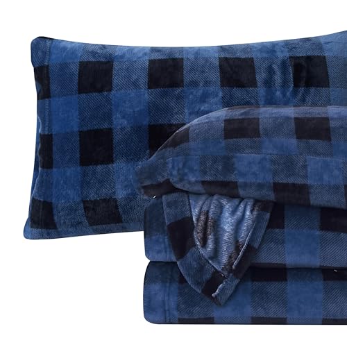Elegant Comfort Luxuriously Soft 4-Piece Velvet Plush Flannel Sheet Set - Premium Quality - Cozy Warm, Anti-Static, Non Pilling Fuzzy Velvet Flannel Fleece Deep Pocket Sheet Set - Full, Buffalo Blue