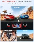 4K 3 Canal Dash Cam Avant et Arrière à l'intérieur, 3.2" Caméra écran Dash pour voitures 4K+2,5K+180P, 4 IR Vision nocturne, WiFi APP Contrôle, capteur G, 24H Mode de stationnement, Inclut 64GB SD Carte
