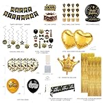Black and Gold Birthday Decorations - Party Supplies Kit with Tablecloth, Paper Plates, Photo Props, Crown Foil Balloon, Fringe Curtains, Cake Toppers and Banner for Men Women 18th 21st 30th 40th 50th - Image 2