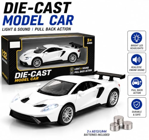 Image of TEC TAVAKKAL 1:36 Scale Diecast Metal Toy Car with Openable Doors, Pull-Back Action, LED Lights & Music - Premium Mini Sports Car Model for Kids & Collectors (Mclaren White Small)