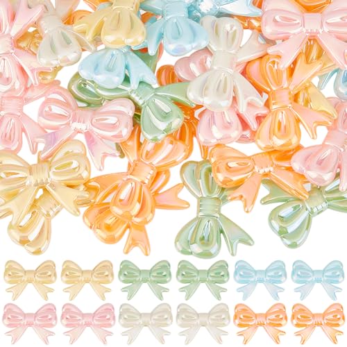 SUNNYCLUE 50Pcs Acrylic Bow Beads Bowknot Beads Cute Mixed Ranbow Color Plated Bowknot Shape Opaque Acrylic Spacer for jewellery Making Diy Craft Supplies Necklace Bracelet Earring Beginner Wome
