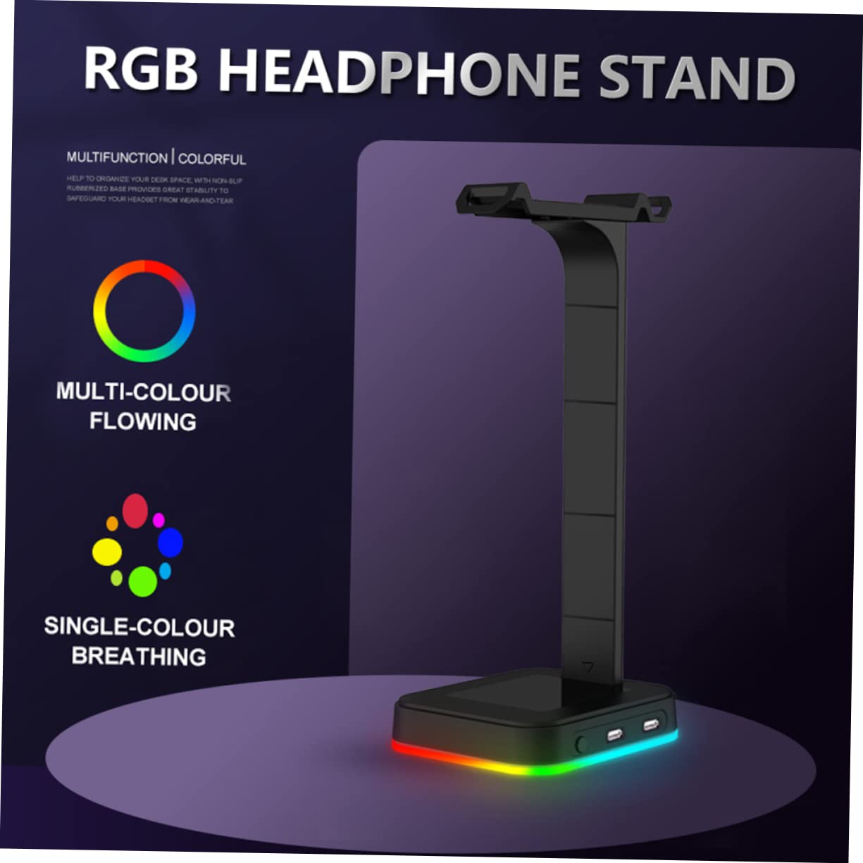 Hemobllo Headset Tischständer mit RGB Beleuchtung und Dual USB Hub, Schwarz
