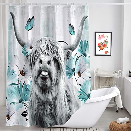 Rustic Farmhouse Cow Teal Shower Curtain, Funny Western Highland Farm Country Turquoise Blue Daisy Floral Flowers Butterfly On Country Wooden Fabirc Aesthetic Shower Curtain Set With Hooks, 47X64In #TOP26