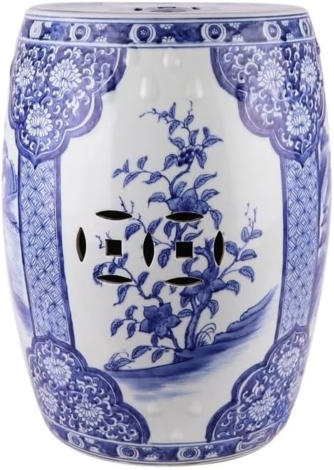Ceramic Garden Stool Decorative Garden Stools Hand-painted Blue And White Landscape Ceramic Stool Flowers And Birds Bronze Hole Cool Pier Home Living Room Coffee Table Ornaments Garden Stool Ceramic(D