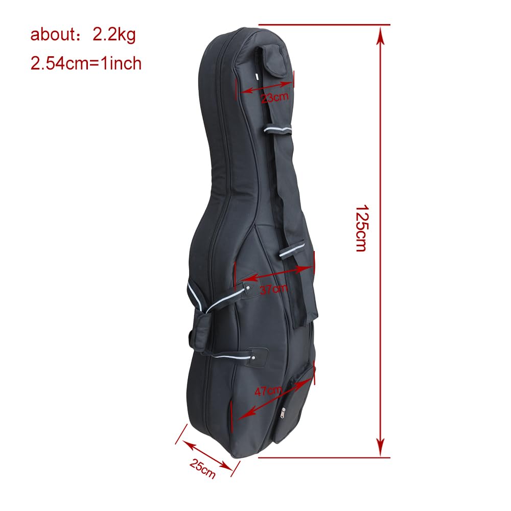 Custodia per violoncello, dimensioni 4/4, esterno in nylon, imbottitura in schiuma spessa 20 mm, spallacci regolabili, tasche multiple, spazio frontale per accessori, tasca posteriore per