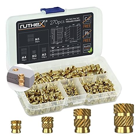 ruthex Gewindeeinsatz M2 + M3 + M4 + M5 Sortimentskasten - 70 + 100 + 50 + 50 Stück Gewindebuchsen aus Messing - Einpressmutter für Kunststoffteile - durch Wärme oder Ultraschall für 3D-Druck-Teile Cover