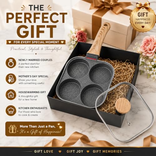Image of 4 Cup Egg Frying Pan with Glass Lid &Wooden Handle, Non Stick Multi Section Fry Pan,4 Hole Omelette Pan, Breakfast Cooking Pan for Eggs, Pancakes, Burgers, Mini Dosa, Induction &Gas Compatible