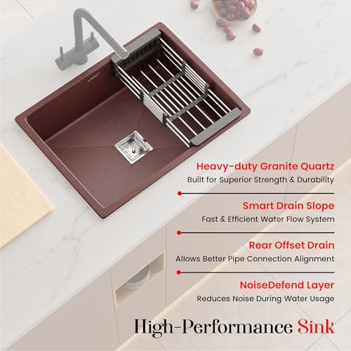 Image of LAPO Quartz Basin for Kitchen | 24x18 Inch UV Resistant Surface Basin | Low Water Noise & Single Bowl Sink with Tap Hole | Sink with Coupling, Waste Pipe & Drain Basket | 3 Yrs Warranty(Brown Finish)