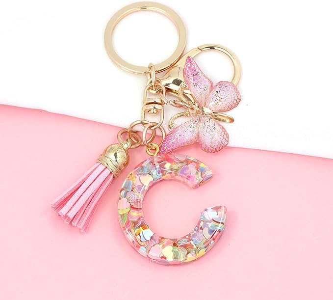 Image of GEOCARTER Lightweight Fashion Initial Letter Key Ring with Butterfly Pendant & Tassel, Stylish Purse Charm for Handbags, Car Keys, Gifts for Girls & Women