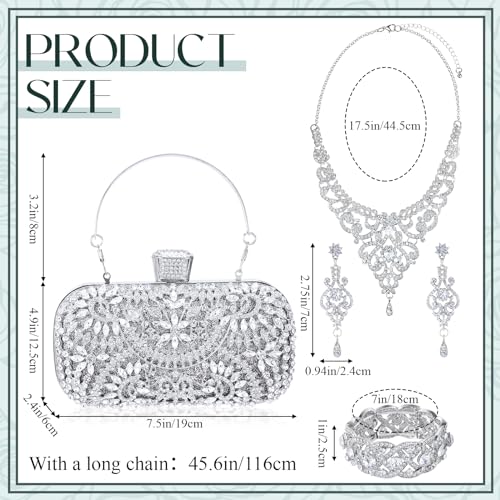 Image of Quelay 4 Pcs Purse Rhinestone Jewelry Set for Wedding Bridal Women Evening Clutch Bag Necklace Dangle Earrings Bracelets