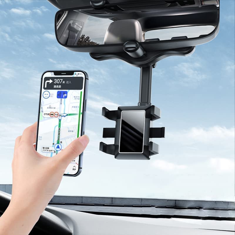 CQLEK® No Shake Phone Mount for Car, 360°Rotatable and Retractable Car Phone Holder Mount Multifunctional Rearview Mirror Phone Holder Car Adjustable Cell Phone Holder All Smartphones - Black