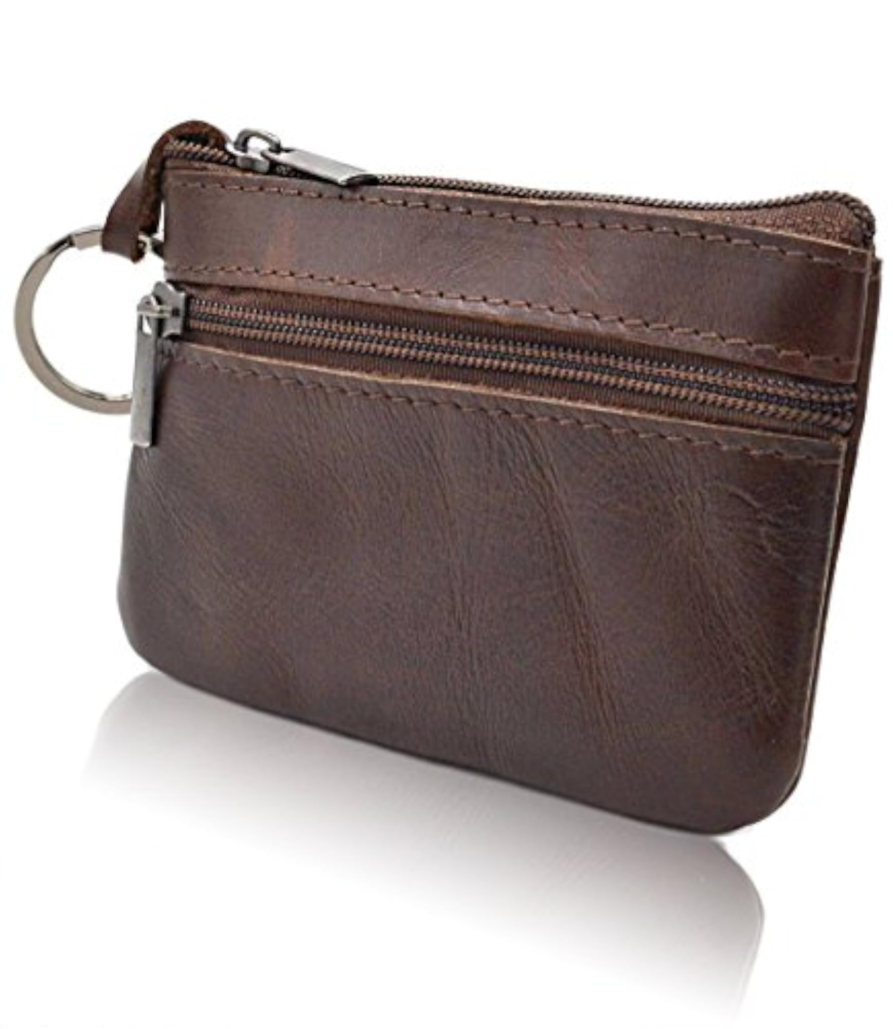 Genuine Leather Coin Pouch Mini Purse Wallet, Double Zipper