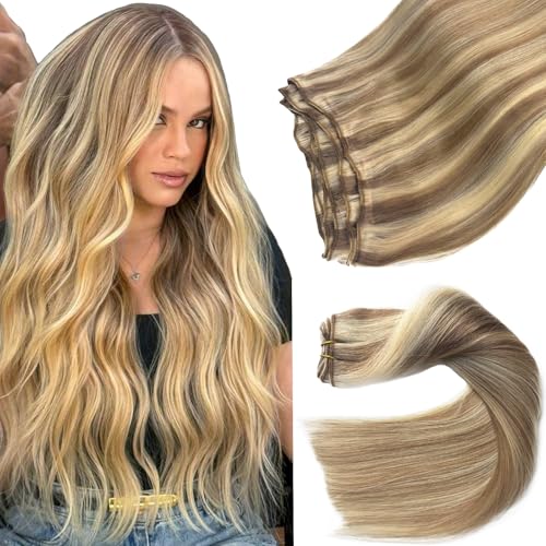Image of Sew In Hair Extensions Real Human Hair 12 Inch Weft Extensions Real Remy Hair Golden Blonde Balayage Blonde Highlights Double Weft Full Head Straight Hair Weaves 80G Hair Weft Bundles Straight Hair