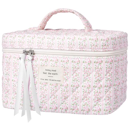 senbowe Large Quilted Makeup Bag Cotton Floral Cosmetic Bag for Women Cute Coquette Aesthetic Makeup Bag Toiletry Bag Travel Make Up Organizer Bag with Zipper and Ribbon (Pink-green Floral)