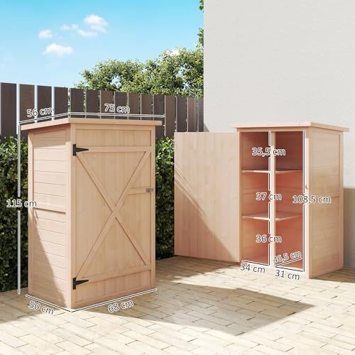 Outsunny Gartenschrank Holz, Geräteschuppen wetterfest 75x56x115cm, Gerätehaus mit Tür, Böden, Geräteschrank, Gartenhaus Werkzeugschrank Gartenschuppen für Garten, Terrasse, Hinterhof, Rasen, Natur
