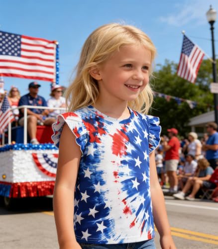 Image of Tkria Girls 4th of July Tank Tops Red White and Blue Shirt Toddler Girl American Flag Patriotic Outfit 2-7 Years
