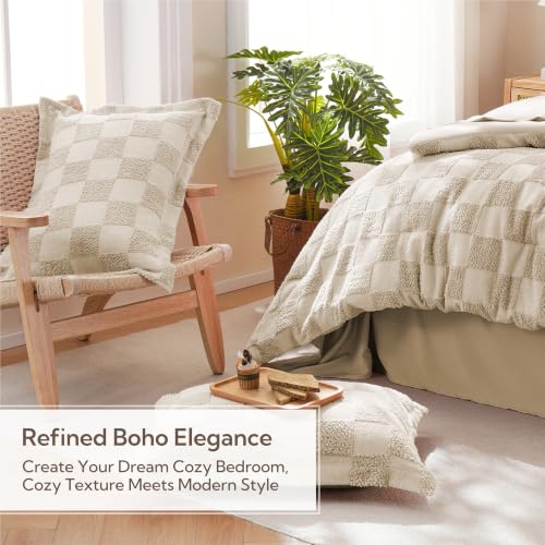 Image of MR&HM 7 Pieces Comforter Set Full, Checkered Boho Tufted Bed Set Linen