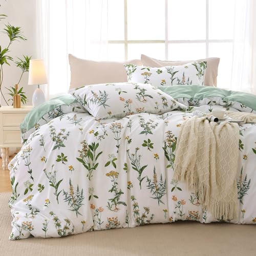 MUXHOMO Duvet Cover Queen Size, Reversible Floral Green Flower Duvet Cover Set with Zipper Closure, 3 Pieces Botanical Patterns Soft Microfiber Bedding Set with 4 Ties (90"x90", 2 Pillow Cases)