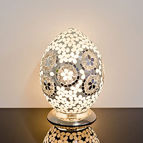 Design By Pepper Mosaic Glass Egg Table Lamp – 30cm Decorative Ambient Light with Chrome Base (Mirrored Art Deco)