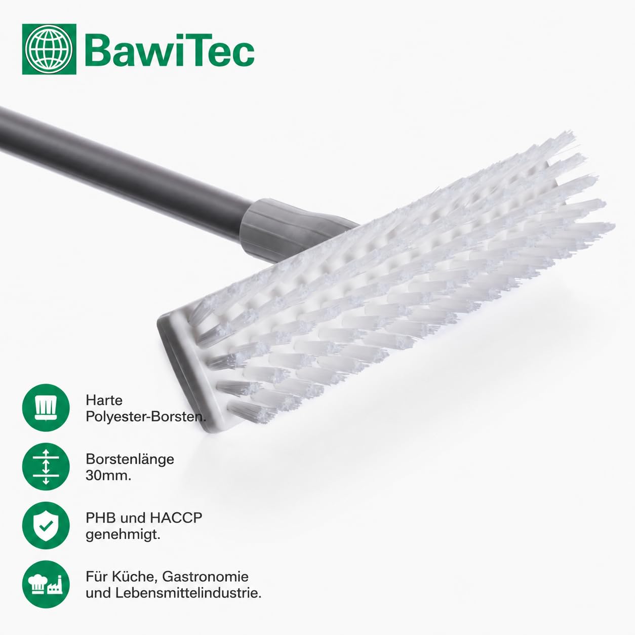 Profi Hygiene Besen 40cm weiße PBT-Borsten mit Stiel Alustiel 145cm Lang