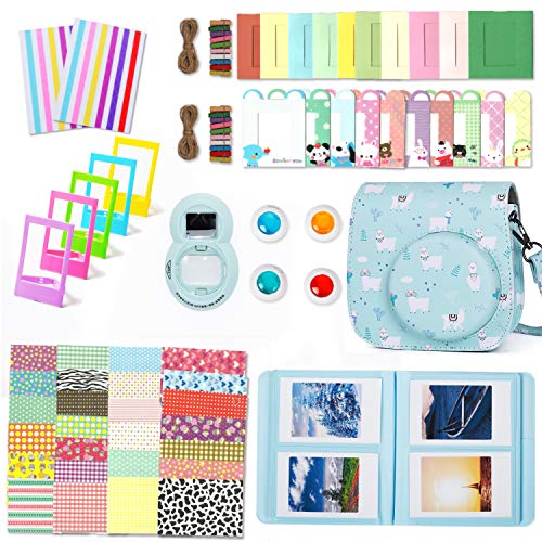 Leebotree Paquete de Accesorios Compatible con Cámara Instax Mini 9 Incluye: Caso/Album/Lente para Autoretrato/Filtros/Marcos para Fotos/Marcos de Películas/Bordes/Pegatinas (Alpaca Azul)