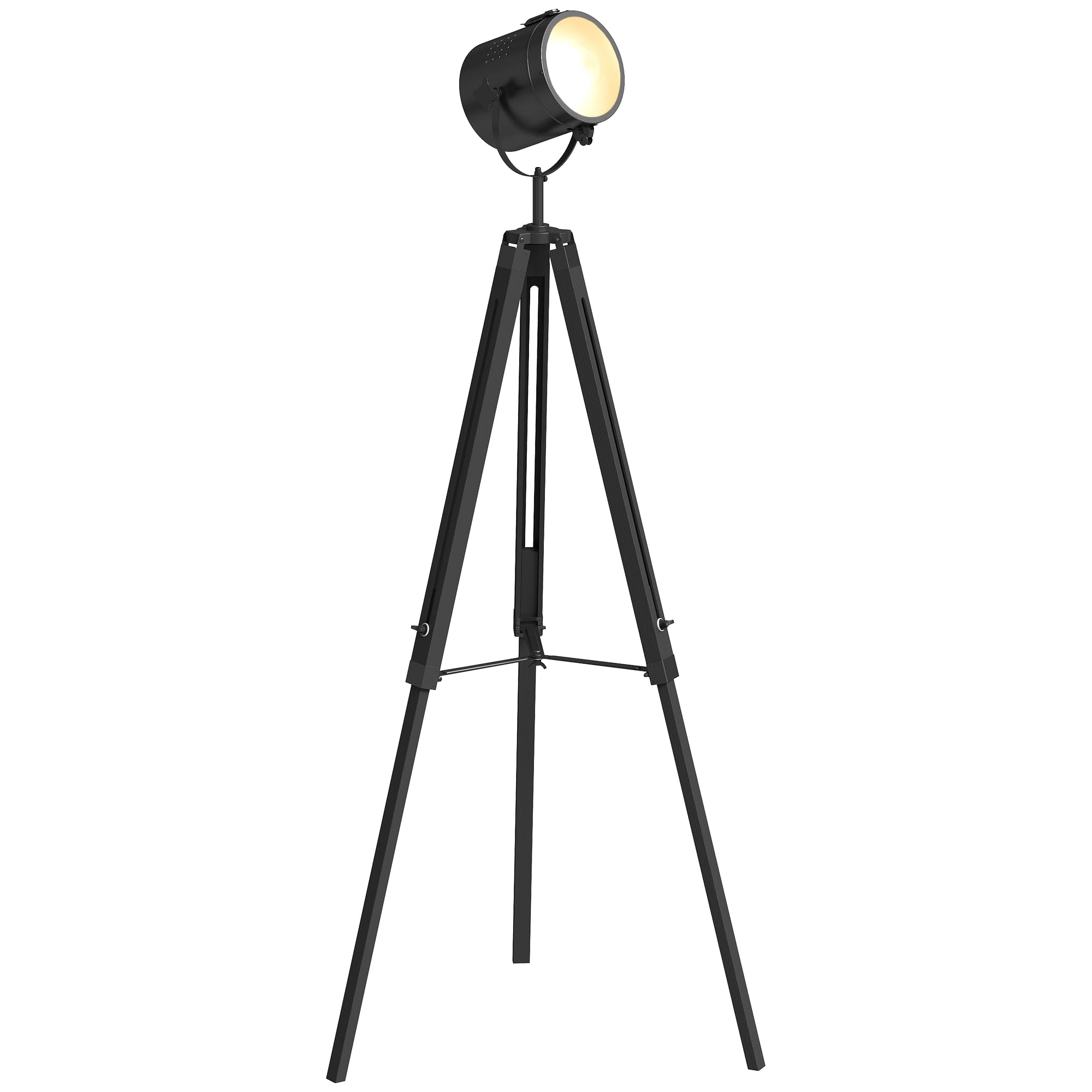 Homcom Black Industrial Tripod Floor Lamp Wood Height Adjustable Spotlight