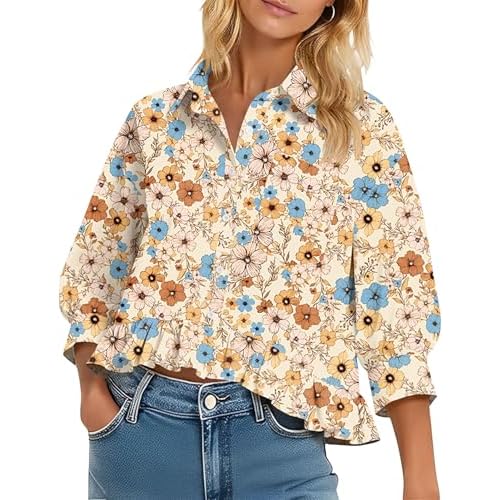 LOMON Womens 3/4 Sleeve Button Down Tops Dressy Casual Collared Shirts Blouses Ruffle Babydoll Tops Loose Fit Apricot Floral X-Large