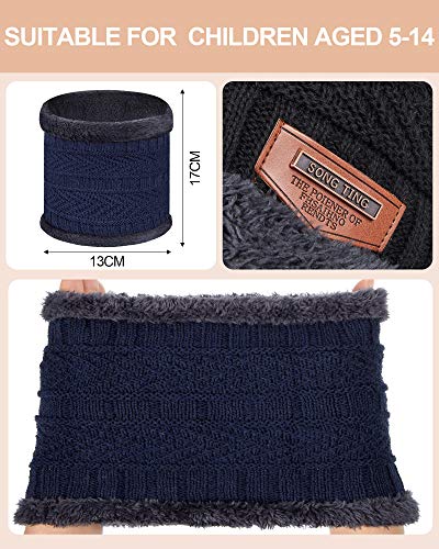 4 Sets Kids Winter Knitted Hats And Scarf Set Warm Knit Beanie Hat Fleece Lining Circle Scarf For 5-14 Years Boys Girls (Blue, Black, Red, Gray) #TOP2