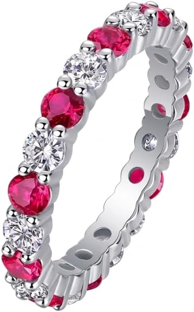 Red and White Round Moissanite Eternity Band Ring, S925 Silver Rhodium Plated, Wedding Engagement