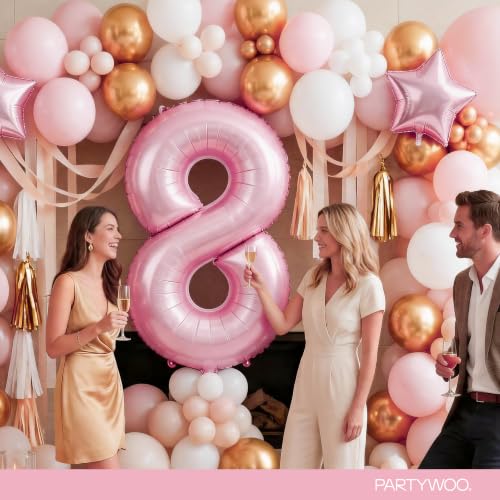 Image of PartyWoo Baby Pink Number 8 Balloon 40 Inch 25pcs Pink Foil Star White Gold
