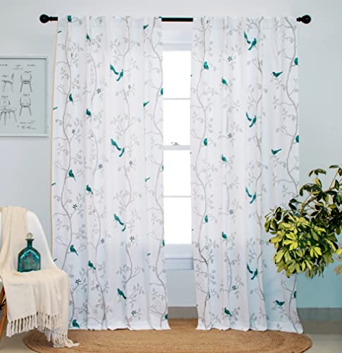 Image of Tranquebar Curtain Co. Cotton Curtains 7 Feet Long Set of 2, 60-65% Room Darkening, Blue Bird Print, Door Curtains 7 Feet Set of 2, Door Curtains 7 Feet Set of 2, BackTabs, Yori (213 cm) - Set of 2