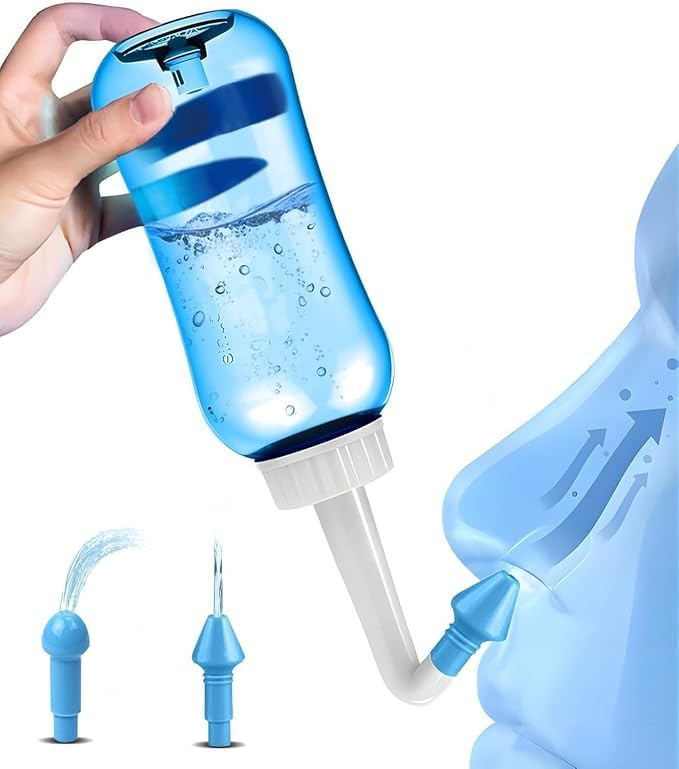 nasal wash bottle 300ml sinus rinse neti pot nose cleaner with 2 nozzles (adult & child tips), bpa-free nasal irrigation system for sinus relief, allergies & daily congestion care (blue)