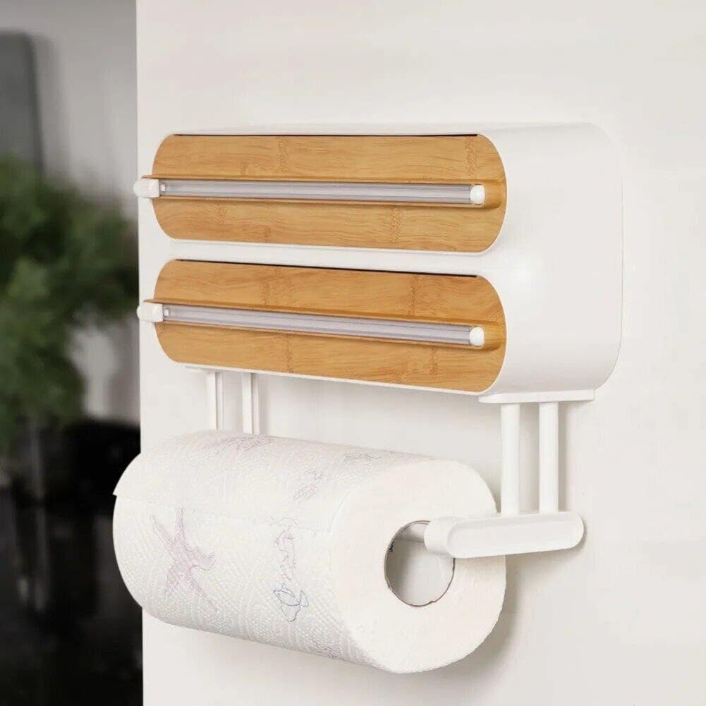 Dispensador De Película Adhesiva con Cortador, 3 En 1 Soporte para Rollo De Cocina Medro Muro De Aluminio Recargador De Aluminio Dispensador De Papel De Aluminio con Toalla De Papel