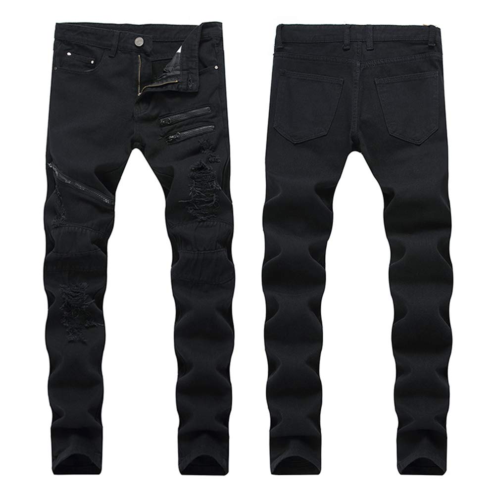 Punk Men's Skinny Ripped Jeans Motorcycle Pants Black