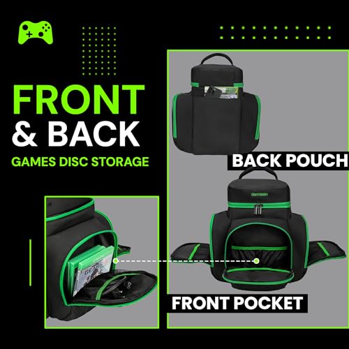 Image of CROTIRAD Carrying Case Compatible with Xbox Series X, Travel Bag with Multiple Storage Pockets for Xbox Controllers, Headset, Game Discs, Cables and Other Accessories, Green Zip